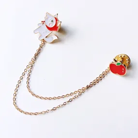 APPLE FOX GOLD WITH FIXED GOLD CHAIN COLLAR PIN PINS BAG PINS BROOCH