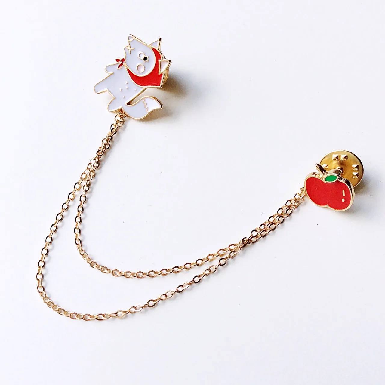 APPLE FOX GOLD WITH FIXED GOLD CHAIN COLLAR PIN PINS BAG PINS BROOCH