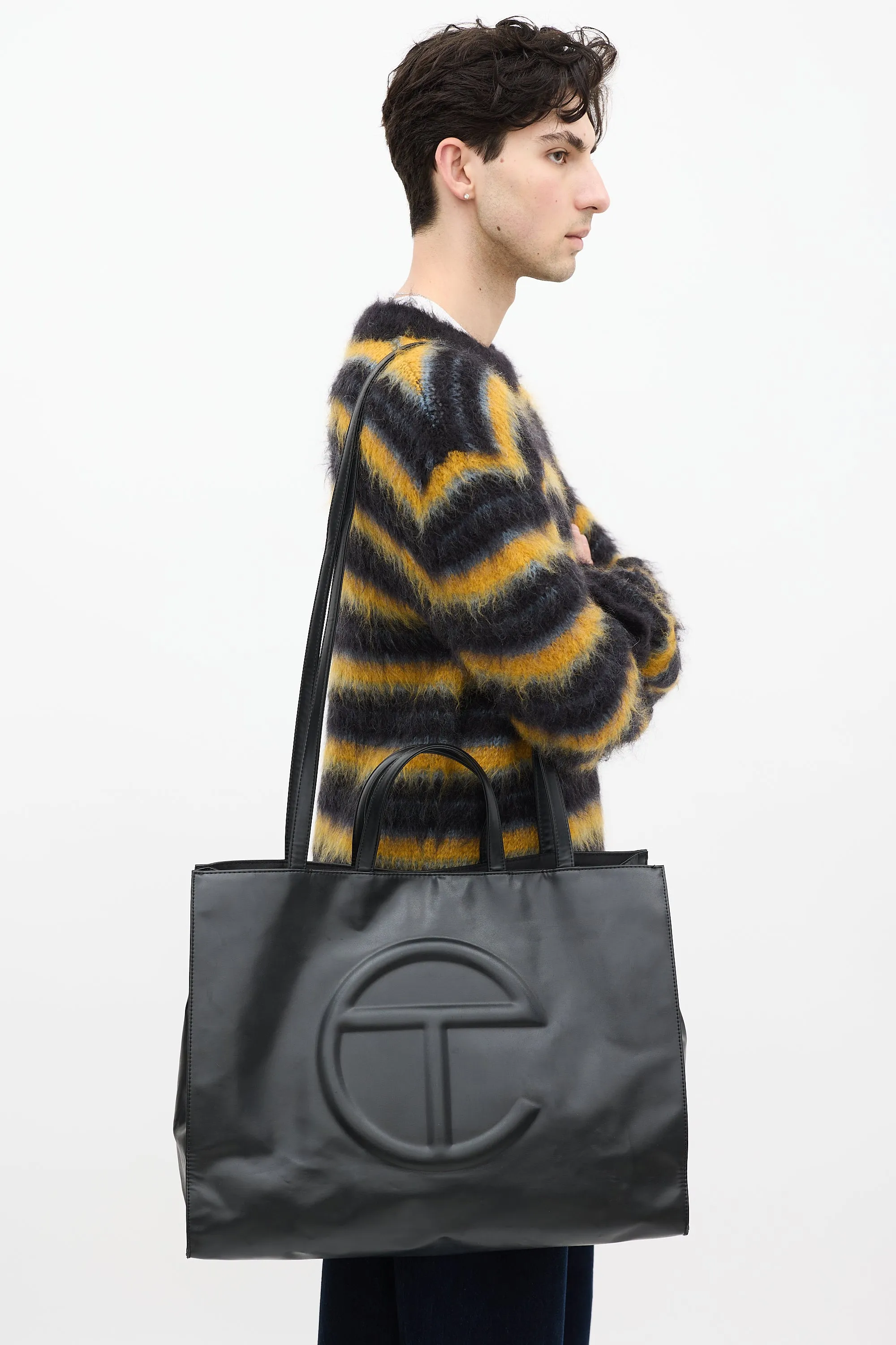 Black Leather Large Shopping Tote Bag