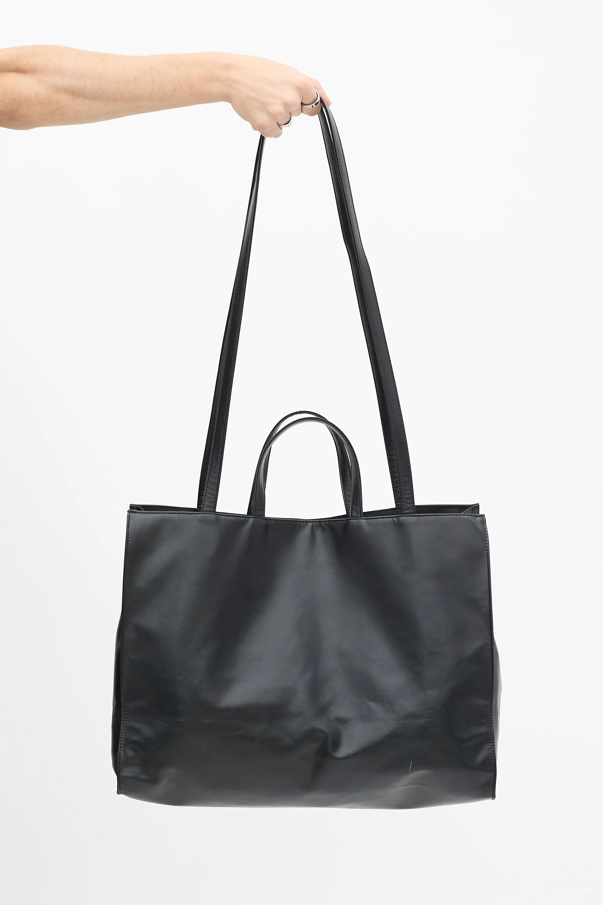 Black Leather Large Shopping Tote Bag