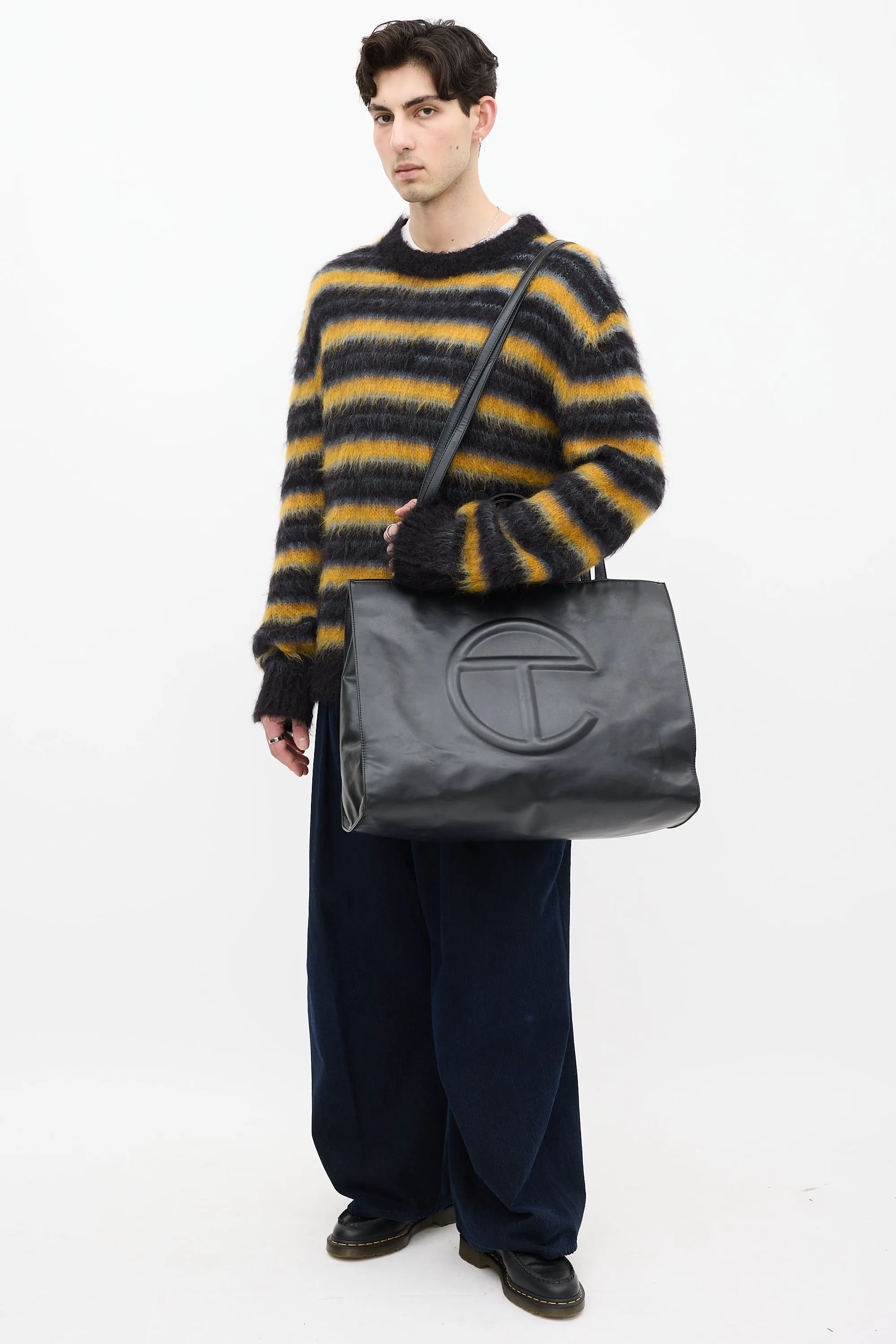 Black Leather Large Shopping Tote Bag
