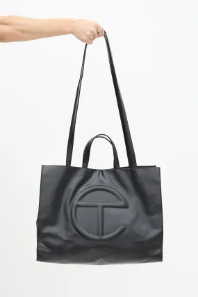 Black Leather Large Shopping Tote Bag