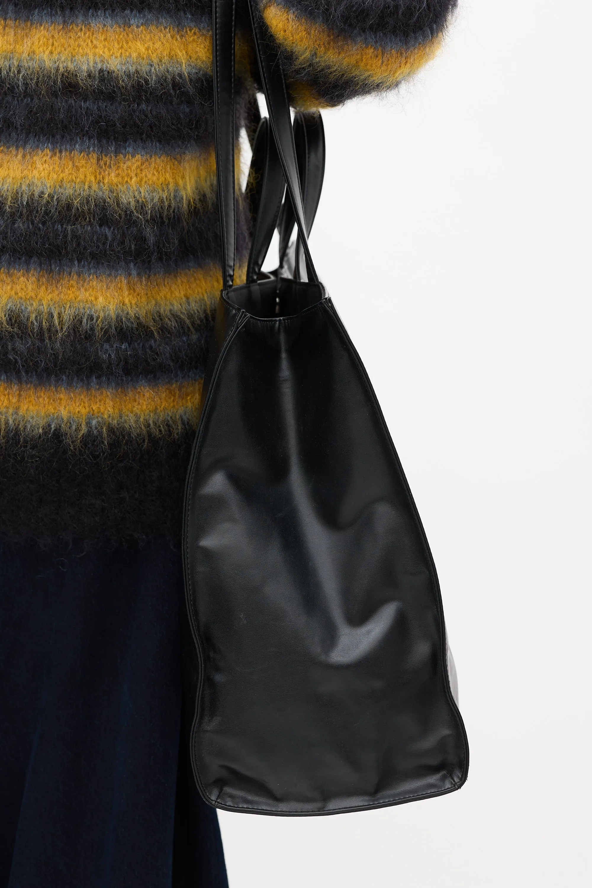 Black Leather Large Shopping Tote Bag