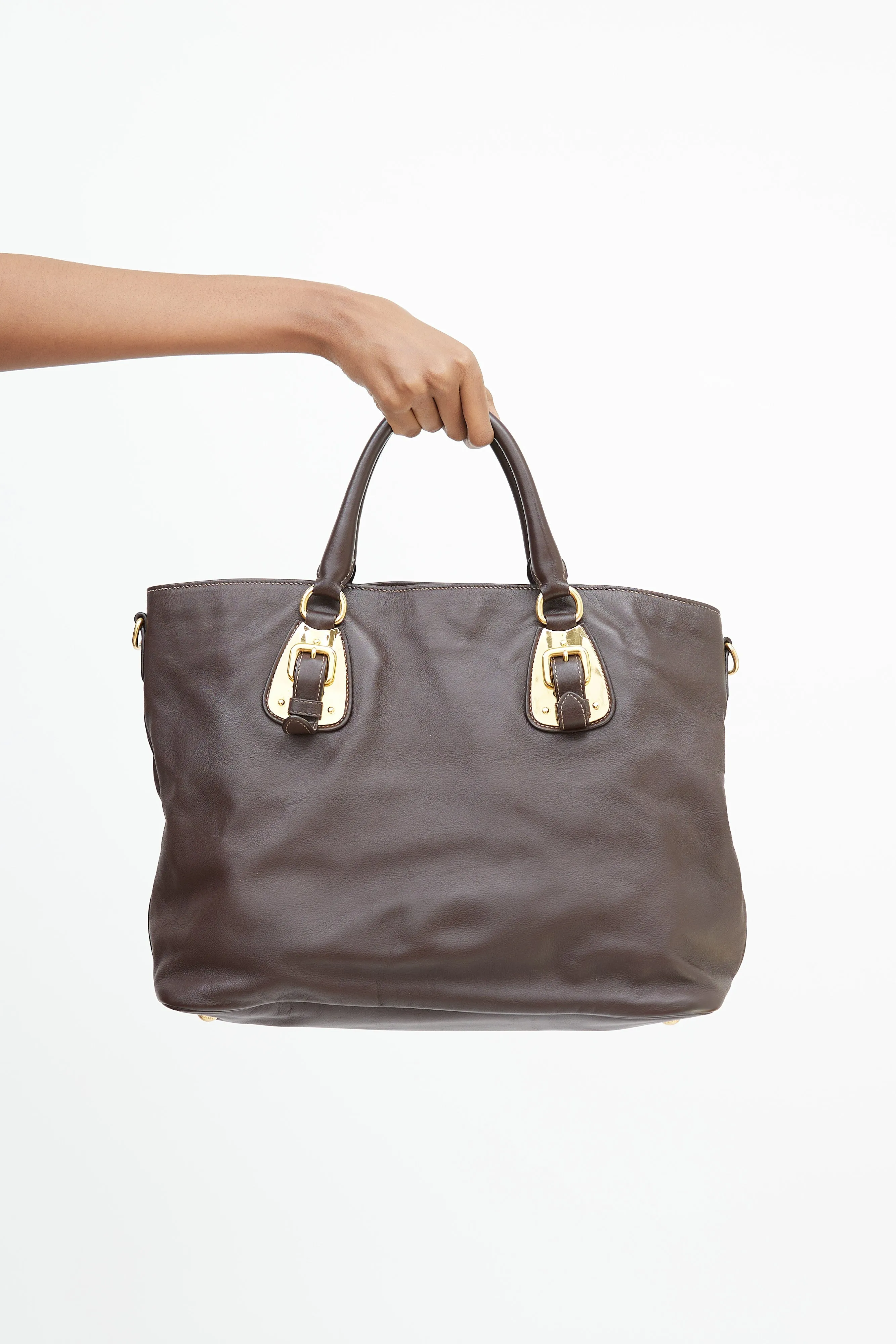 Brown & Gold Leather Shopping Tote Bag