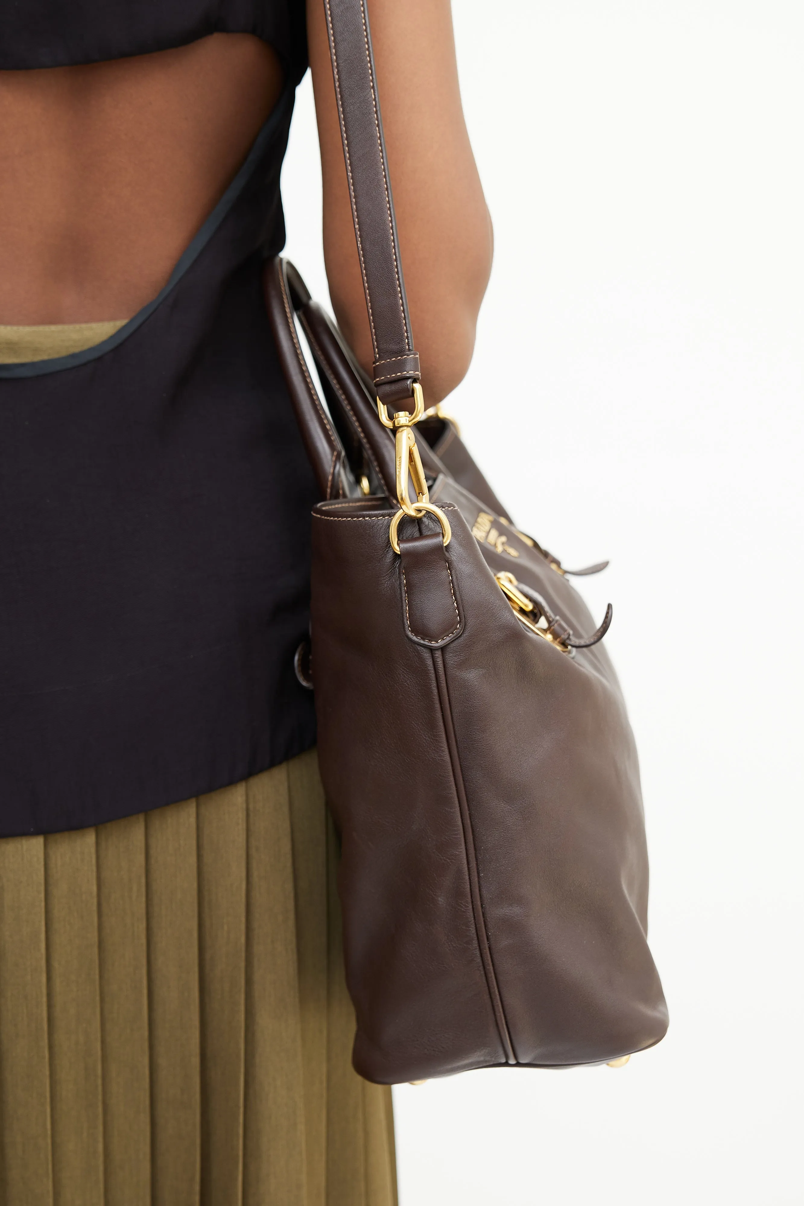 Brown & Gold Leather Shopping Tote Bag