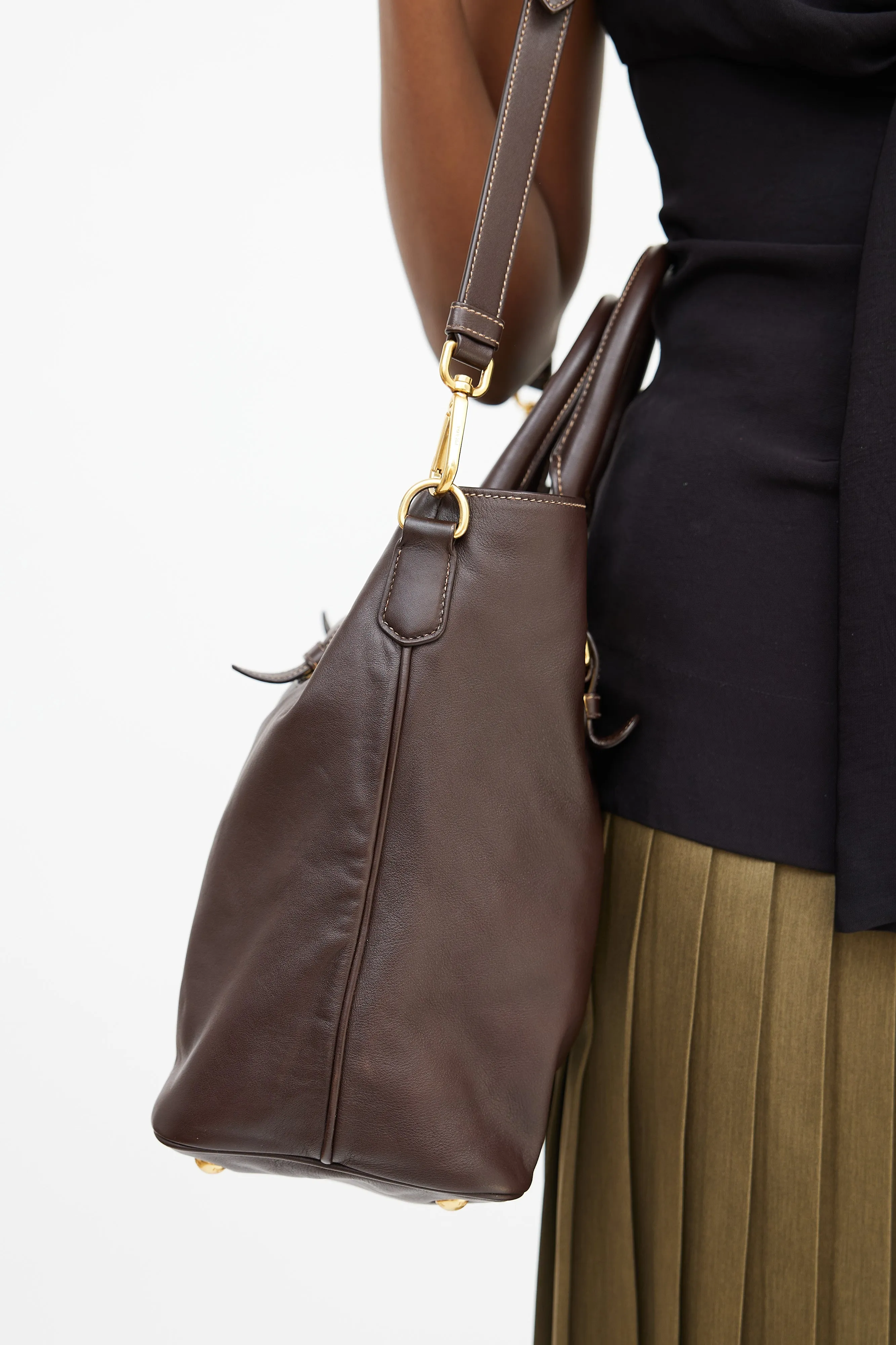 Brown & Gold Leather Shopping Tote Bag