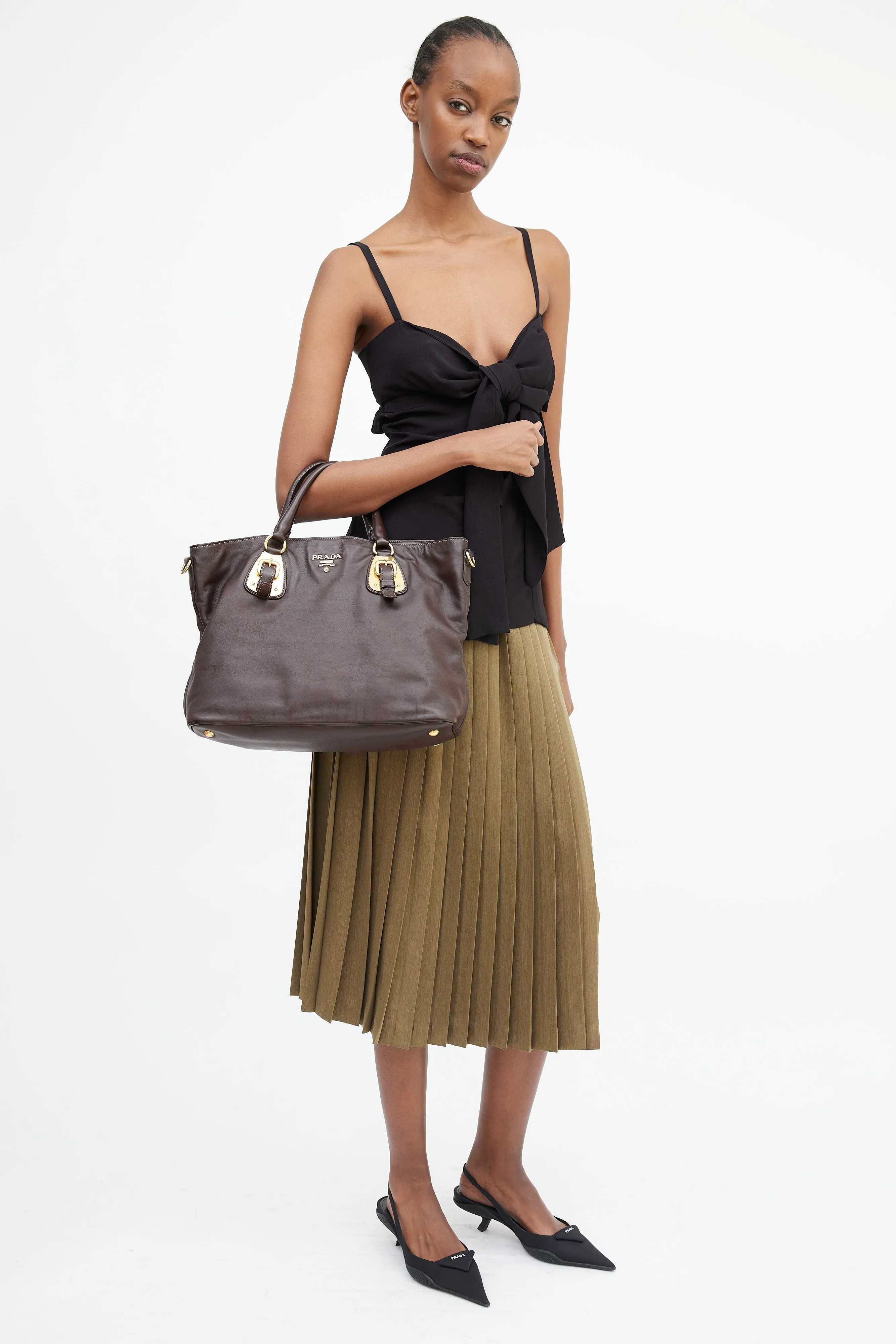 Brown & Gold Leather Shopping Tote Bag