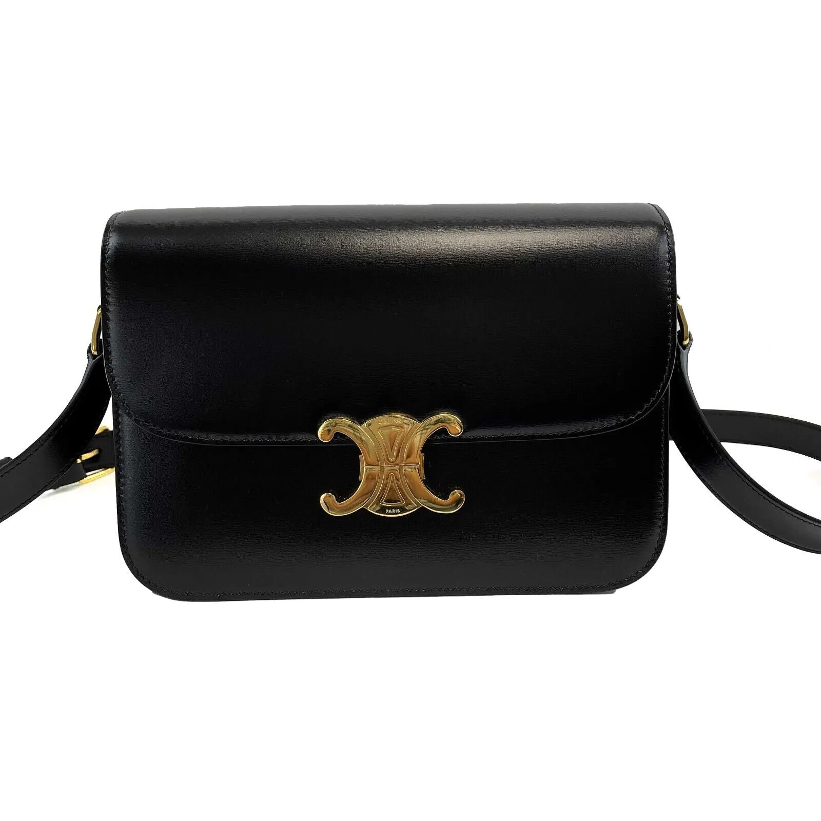 Celine Triomphe Medium Handbag - New Without Tags - Black Shiny Calfskin Leather