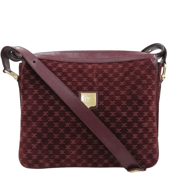 Celine Suede Leather Combination Macadam Pattern Logo Plate Shoulder Bag Bordeaux