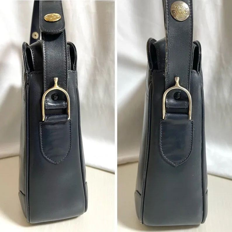 Celine Vintage navy genuine leather shoulder bag with golden triomphe logo