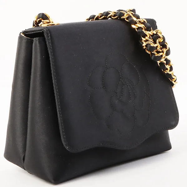Chanel Around 1996 Made Satin Camellia Cc Mark Stitch Chain Shoulder Bag Black