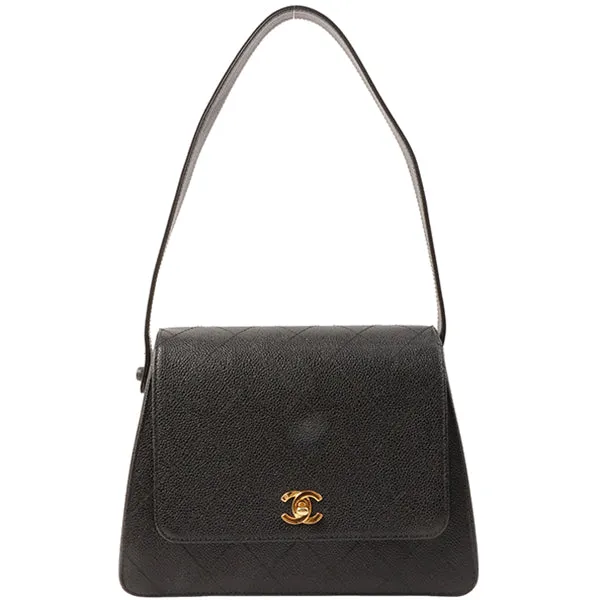 Chanel Around 1997 Made Caviar Skin Turn-Lock Shoulder Bag Black