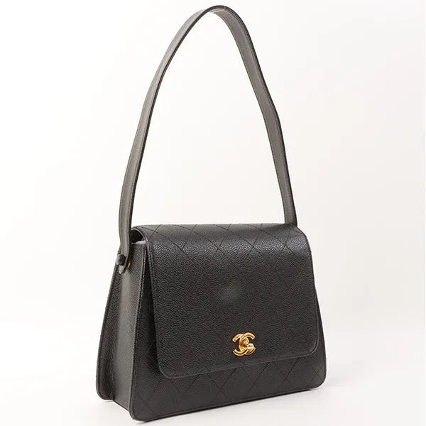 Chanel Around 1997 Made Caviar Skin Turn-Lock Shoulder Bag Black