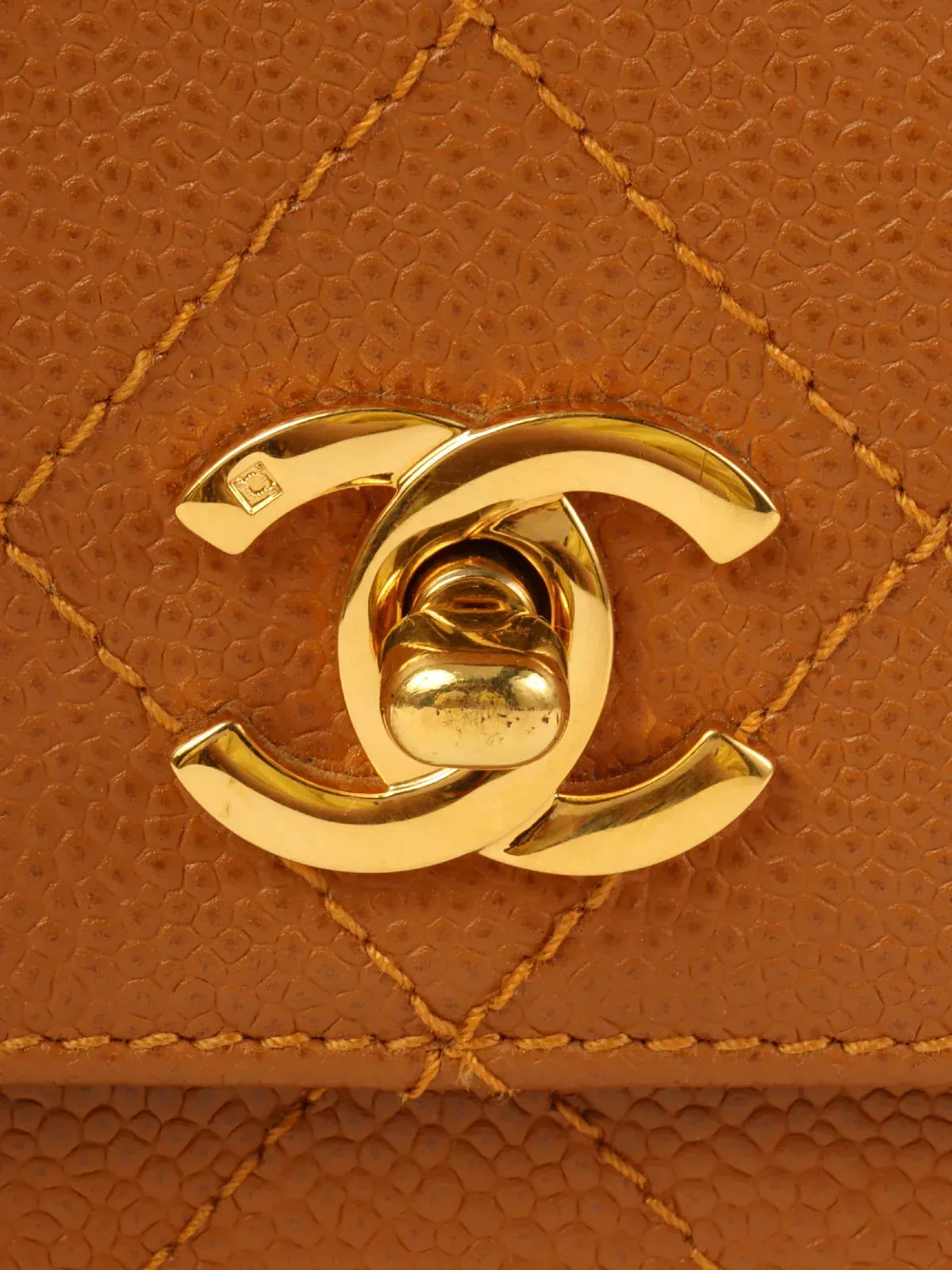CHANEL Around 1998 Made Caviar Skin Turn-Lock Shoulder Bag Camel