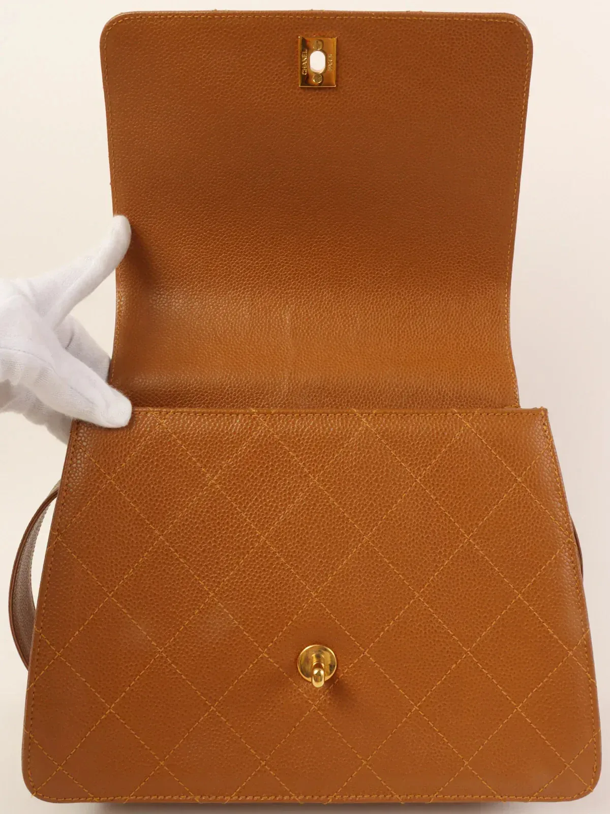 CHANEL Around 1998 Made Caviar Skin Turn-Lock Shoulder Bag Camel