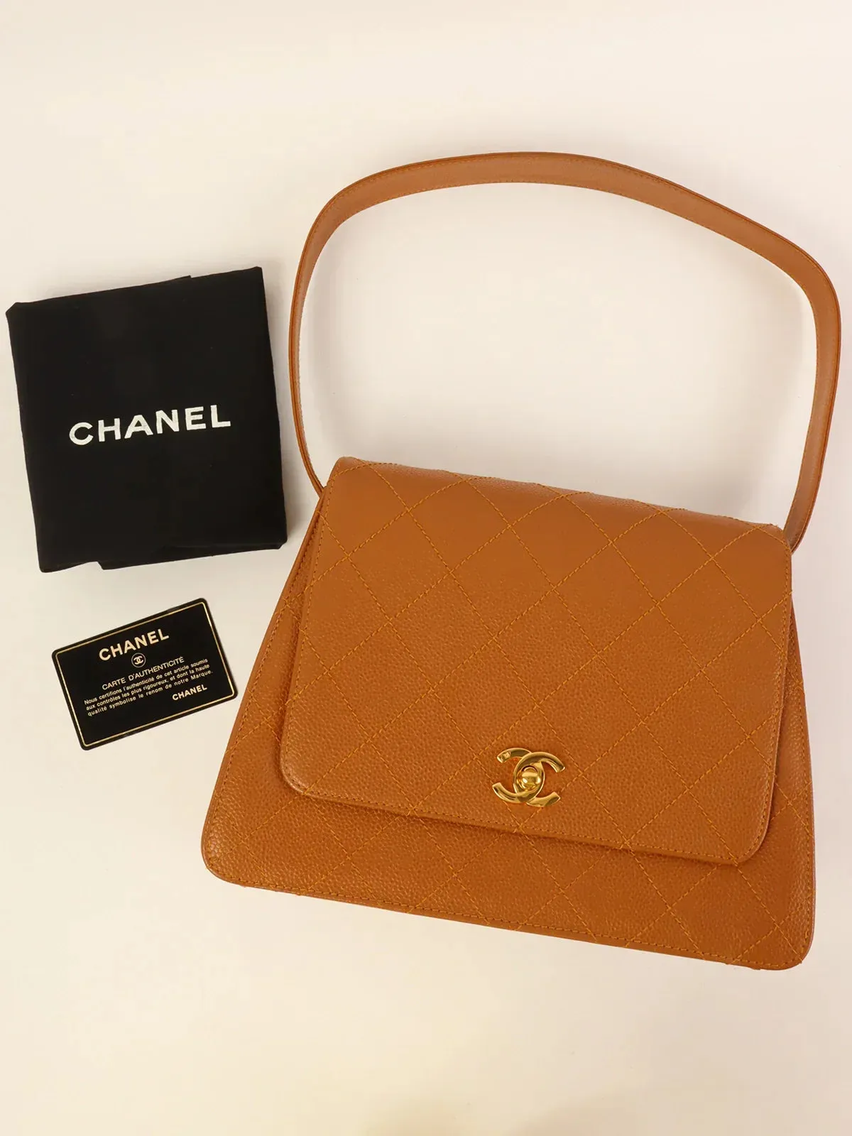 CHANEL Around 1998 Made Caviar Skin Turn-Lock Shoulder Bag Camel