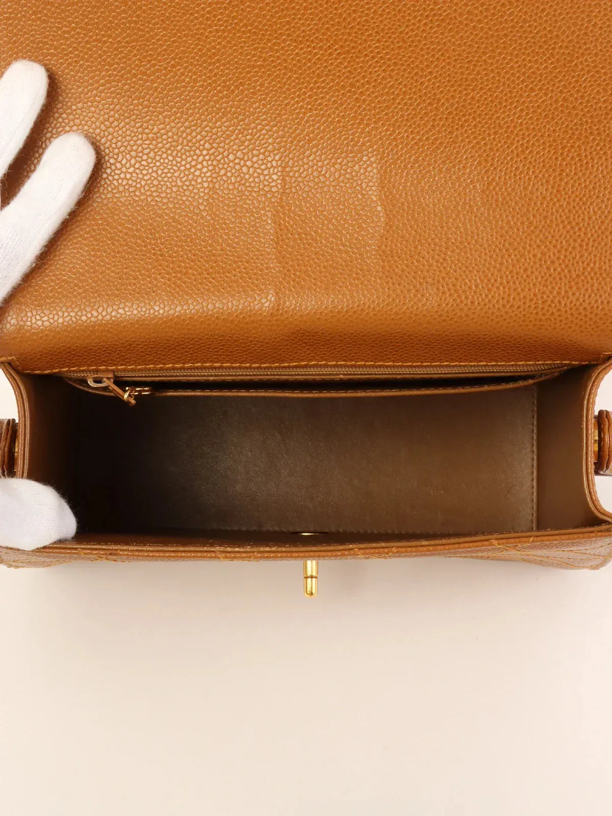 CHANEL Around 1998 Made Caviar Skin Turn-Lock Shoulder Bag Camel