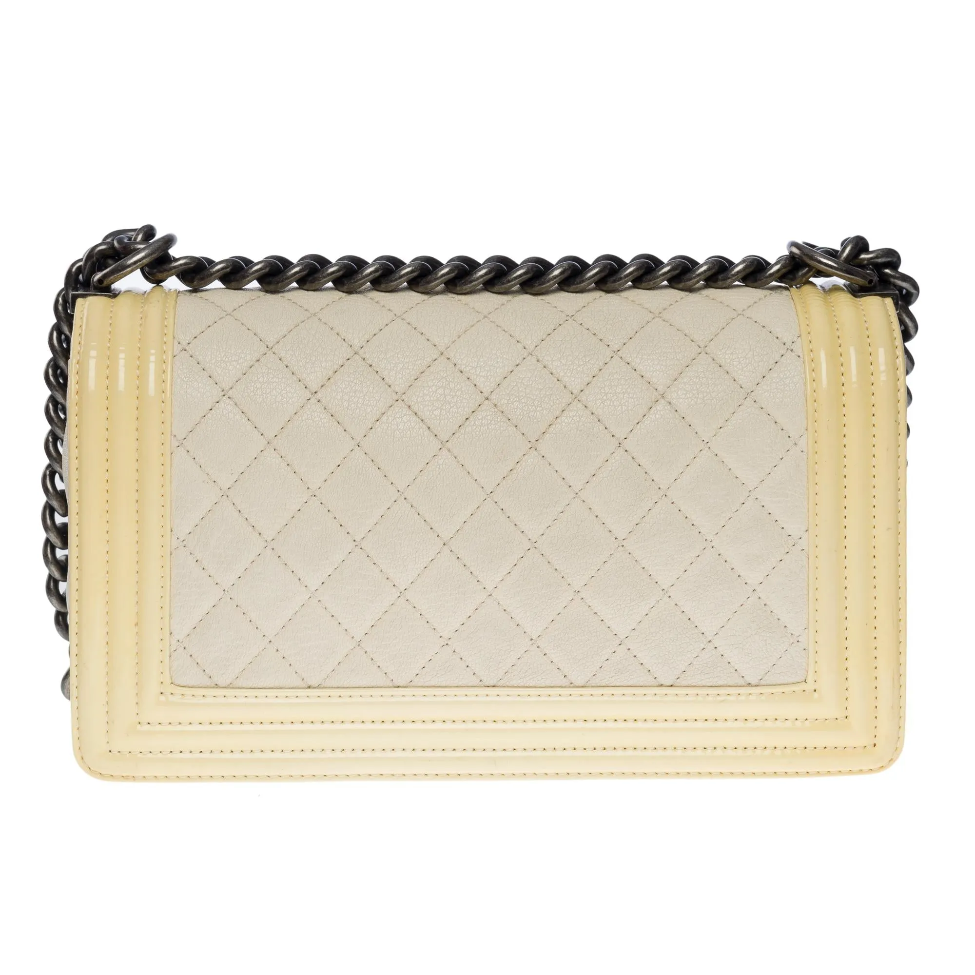 CHANEL Boy medium shoulder bag in beige caviar & Yellow patent leather, SHW