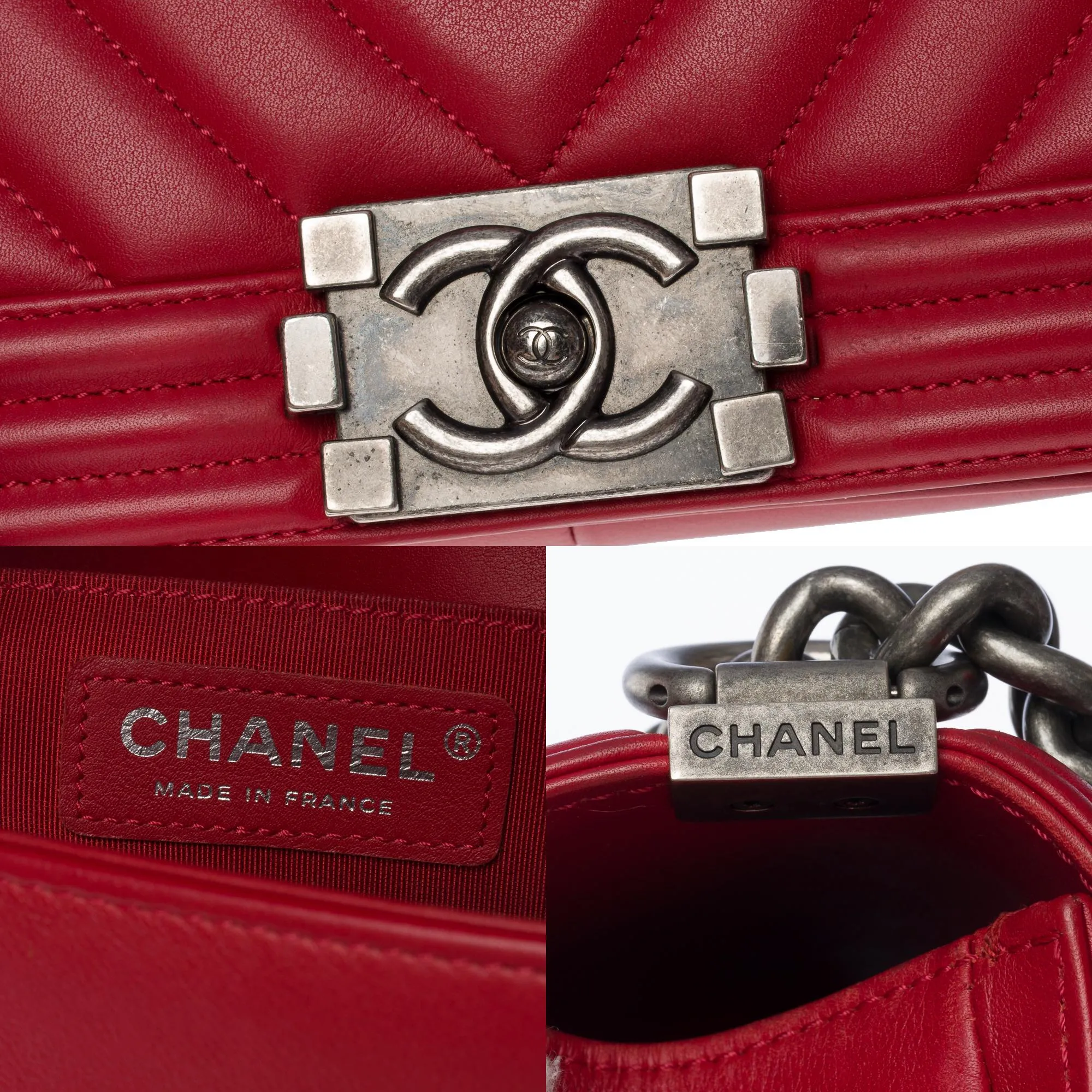 CHANEL Boy Old Medium shoulder bag in red quilted herringbone leather, SHW