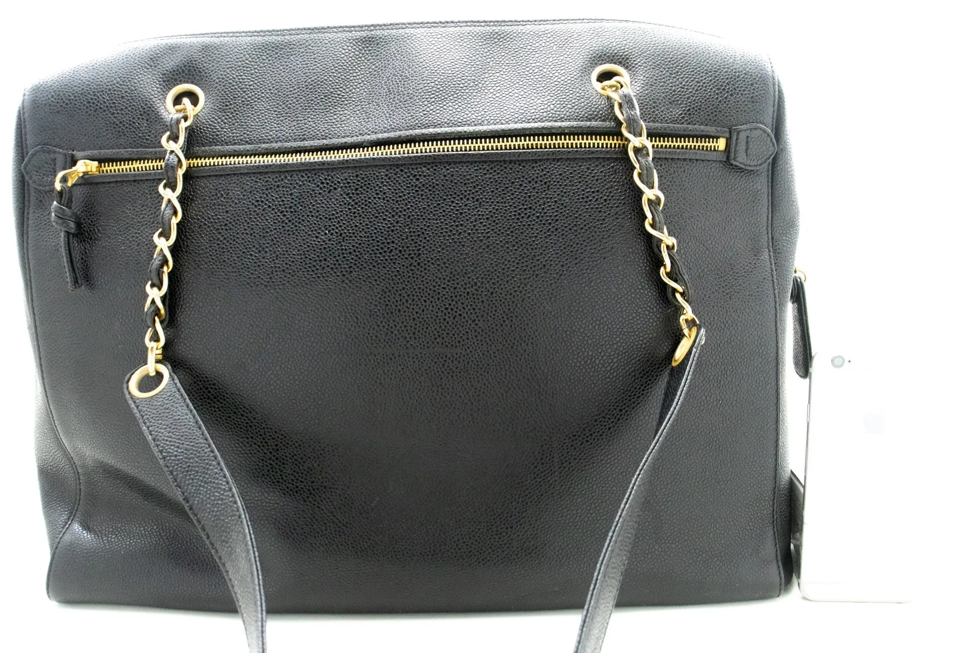 CHANEL Caviar Big Large Chain Shoulder Bag Black Leather Gold Zip