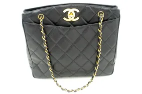 CHANEL Caviar Large Chain Shoulder Bag Black Quilted Leather