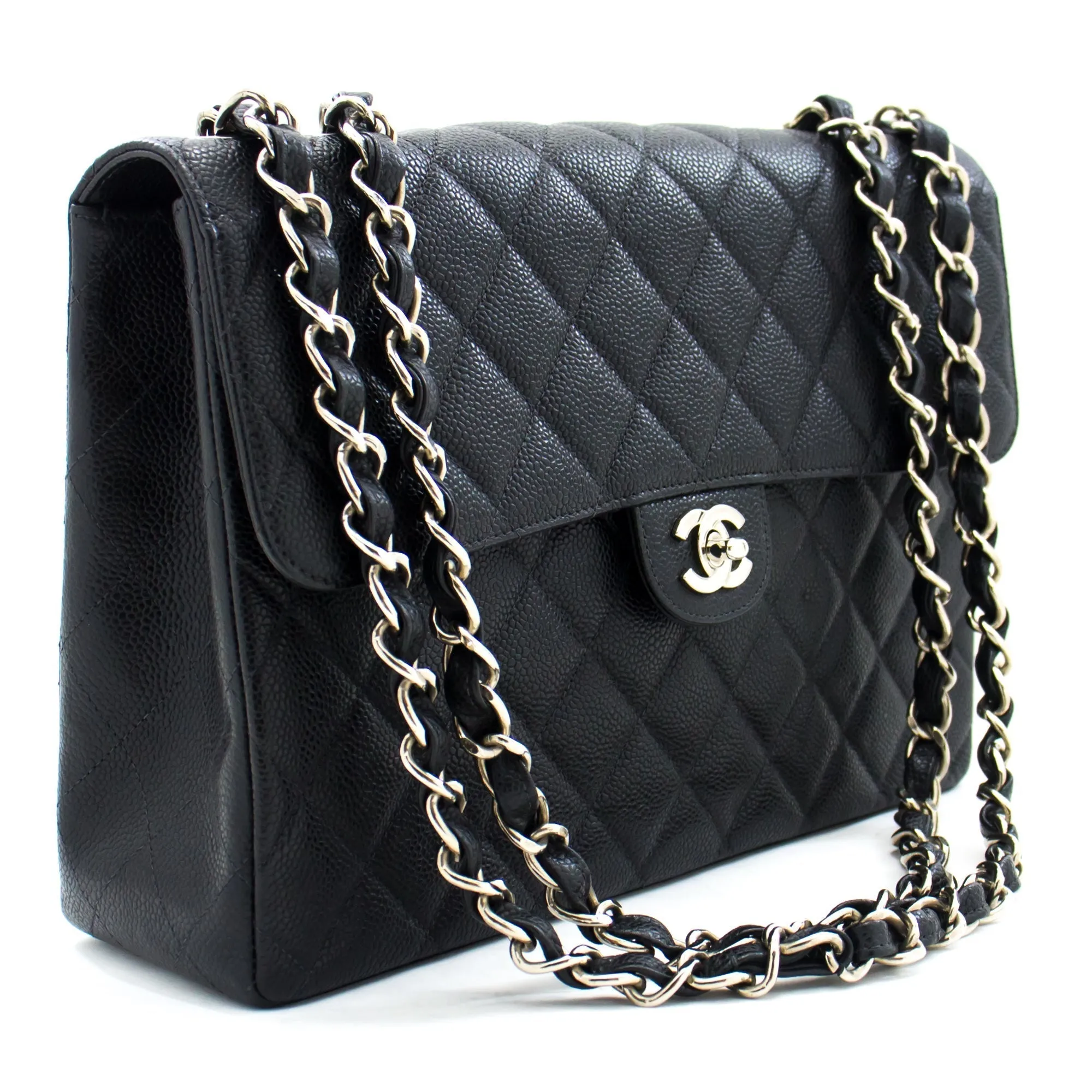 CHANEL Classic Large 11" Chain Shoulder Bag Black Grained Calfskin