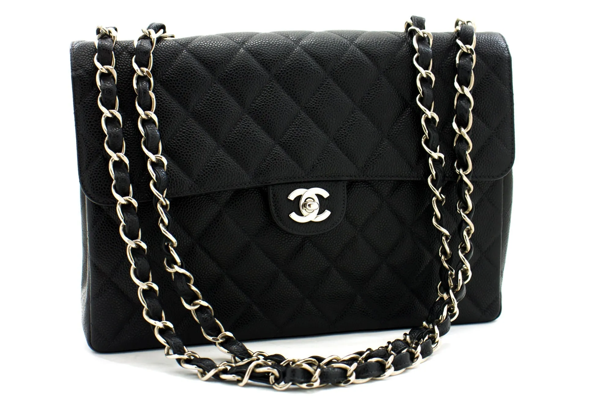 CHANEL Classic Large 11" Chain Shoulder Bag Black Grained Calfskin