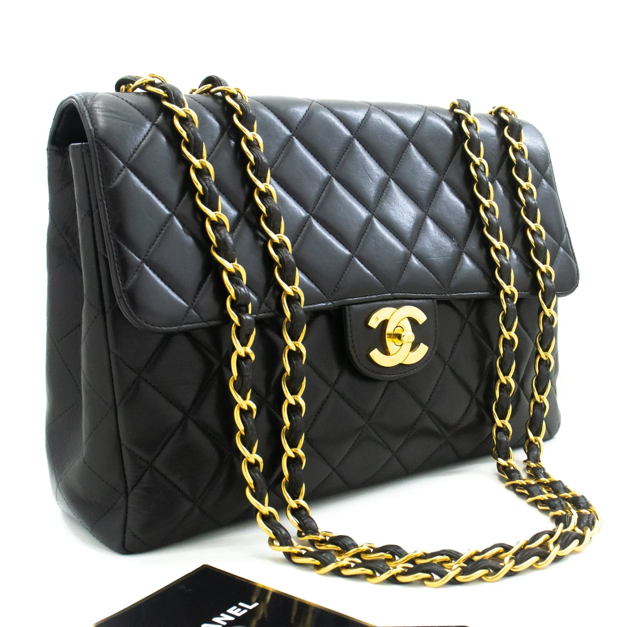 CHANEL Classic Large 11" Chain Shoulder Bag Flap Black Lambskin