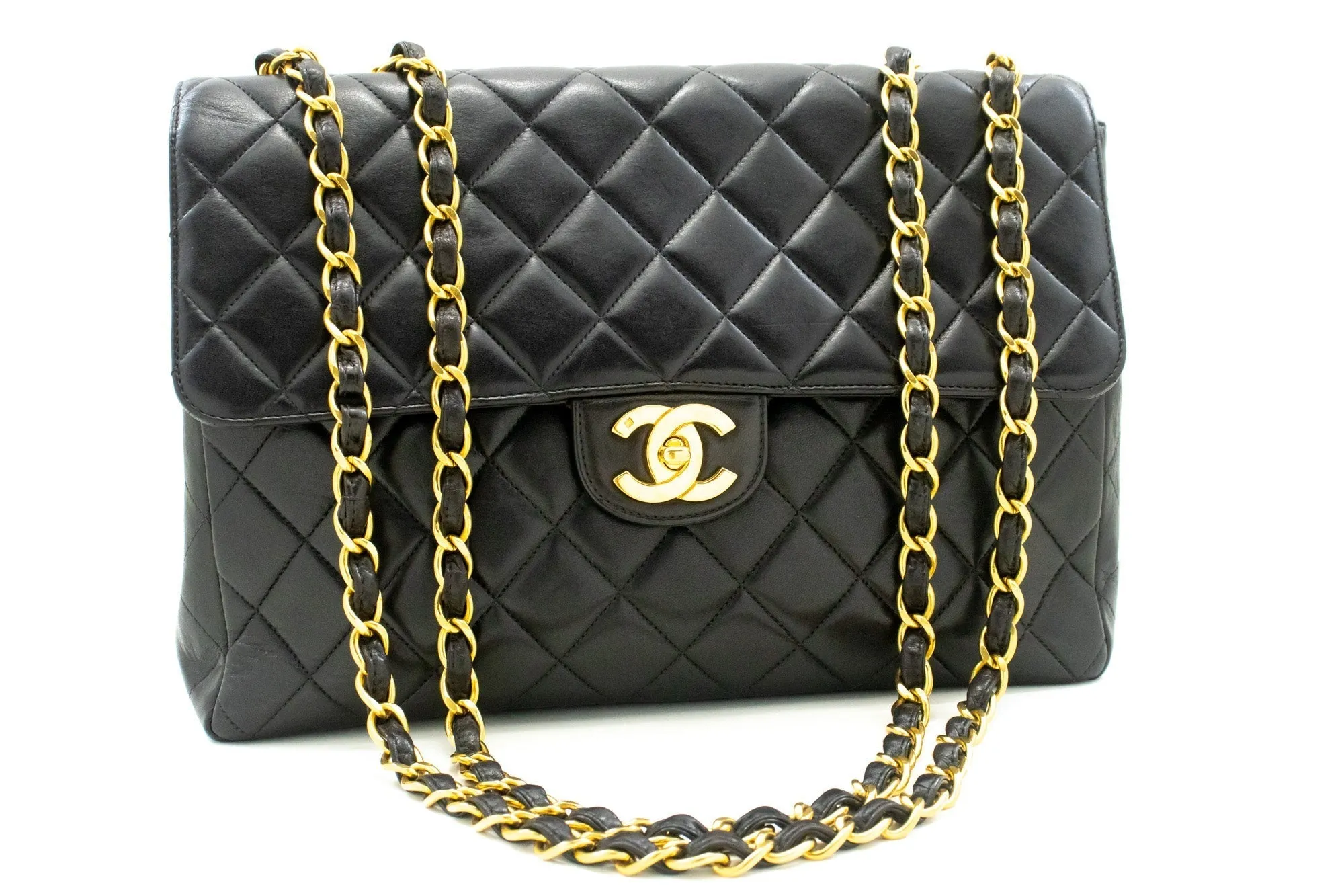 CHANEL Classic Large 11" Chain Shoulder Bag Flap Black Lambskin