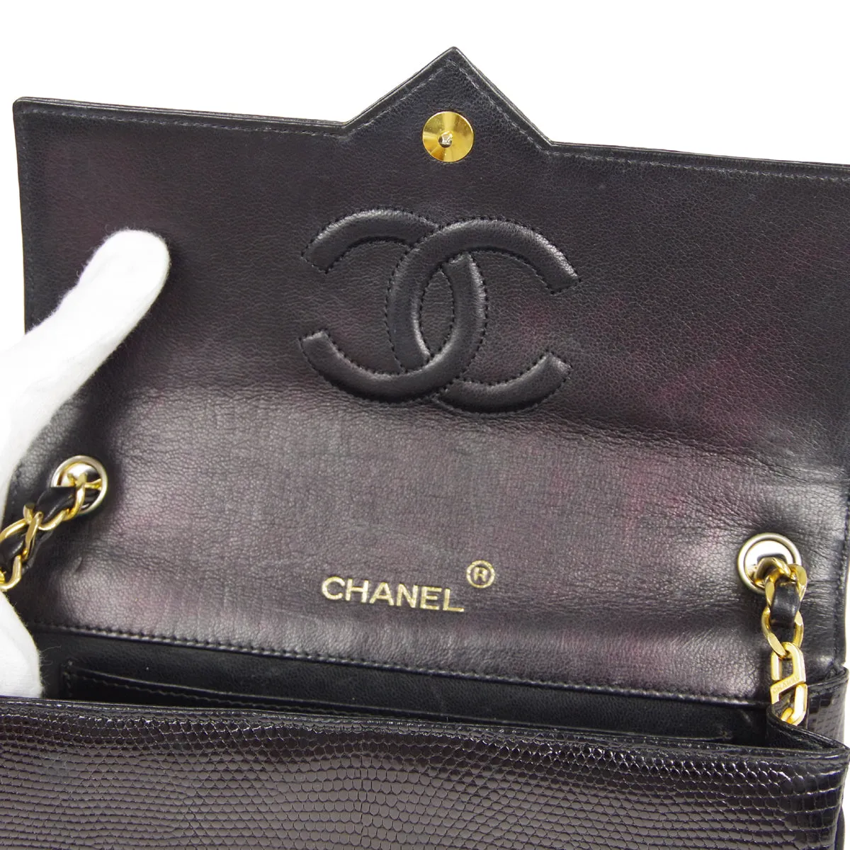 CHANEL * Single Chain Shoulder Bag Black Lizard