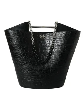 Elegant Black Crocodile Leather Maxi Bucket Bag