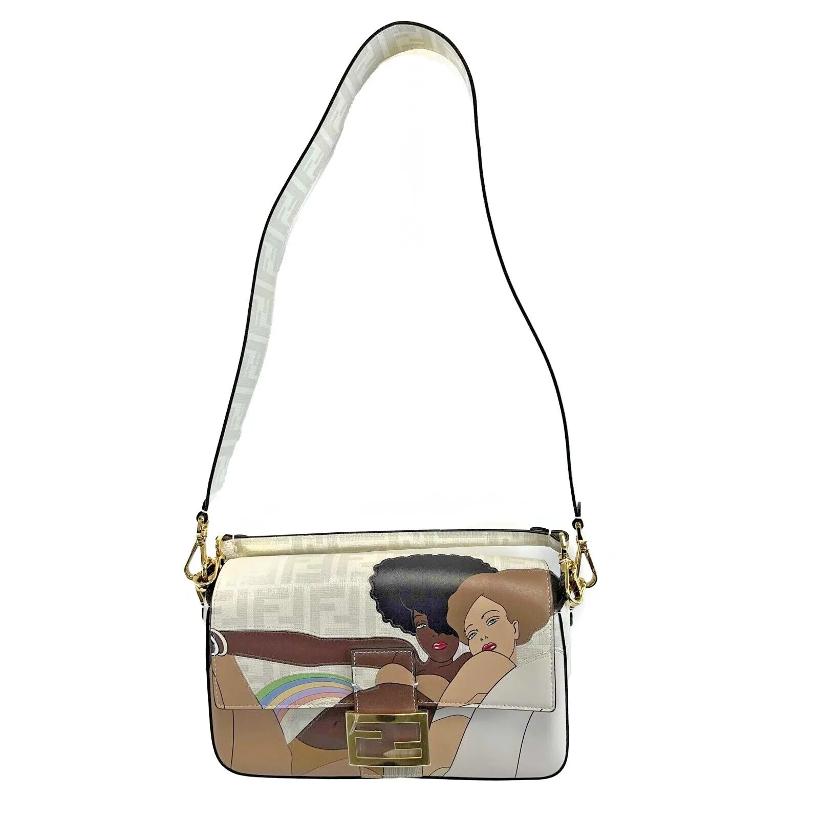 New Fendi White FF Glazed Baguette Crossbody in Bianco Perla with Bikini Girls Pattern - Without Tags