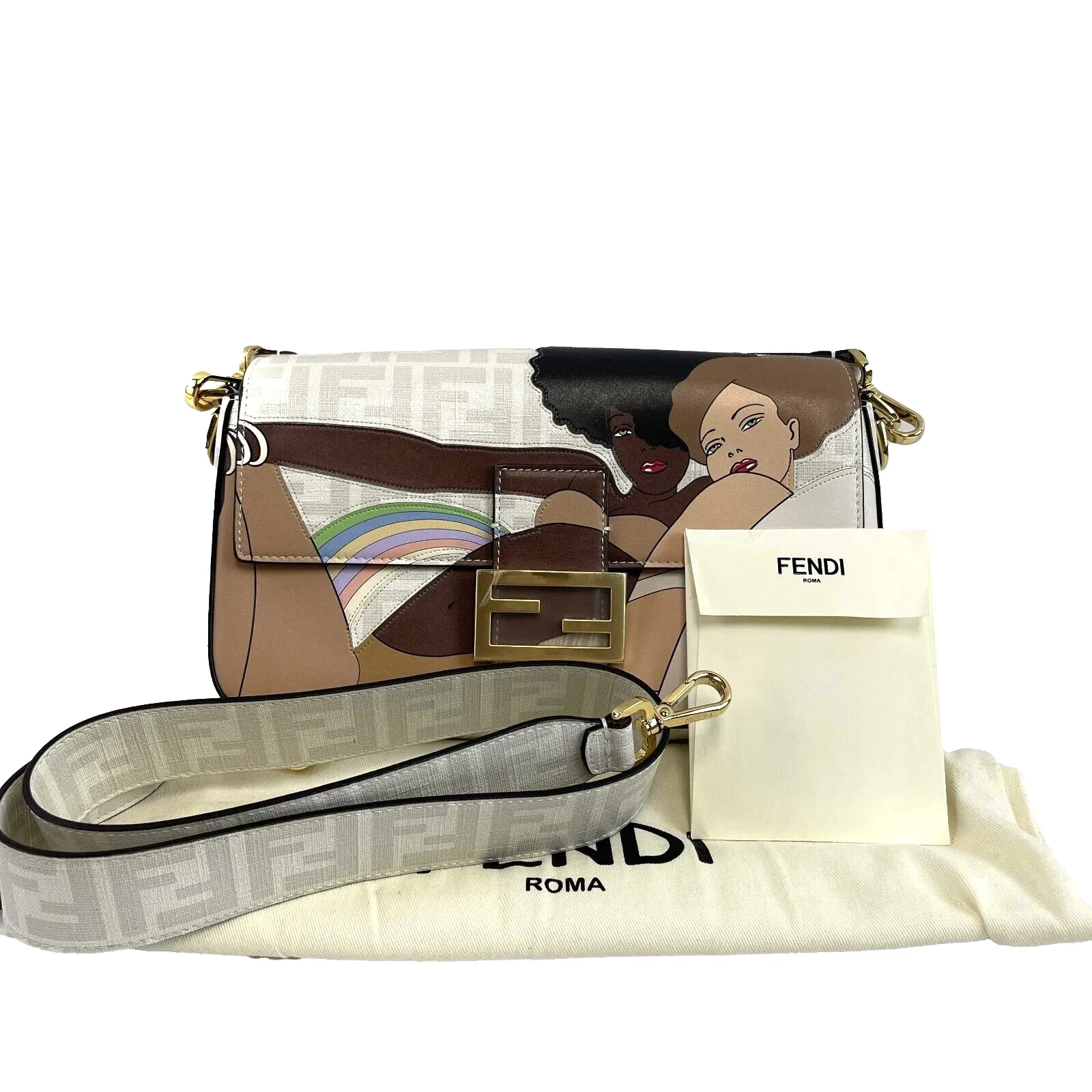 New Fendi White FF Glazed Baguette Crossbody in Bianco Perla with Bikini Girls Pattern - Without Tags
