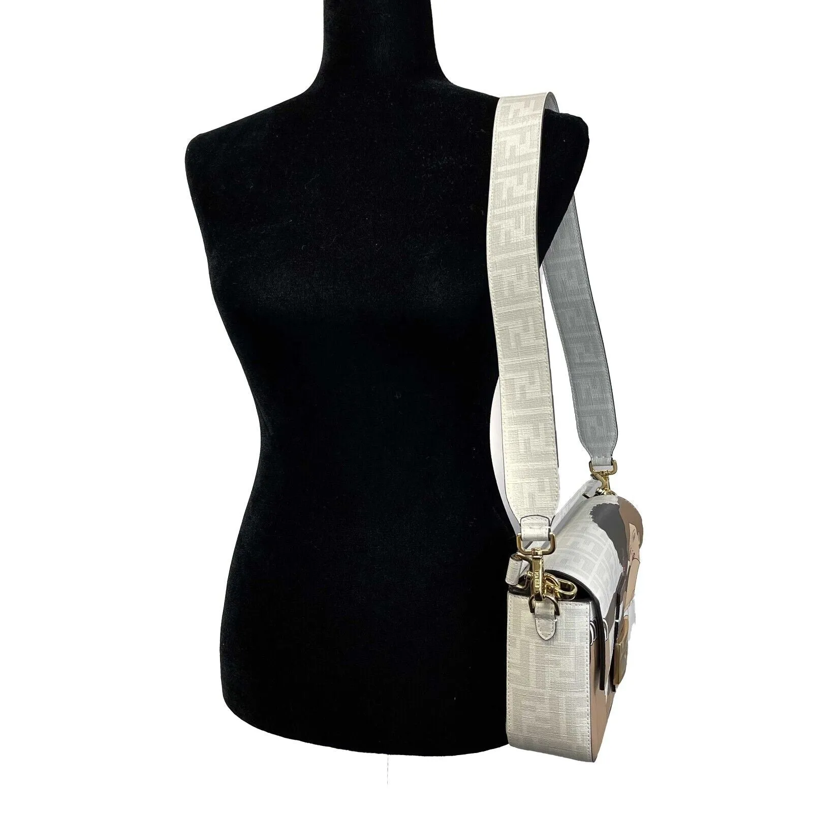 New Fendi White FF Glazed Baguette Crossbody in Bianco Perla with Bikini Girls Pattern - Without Tags