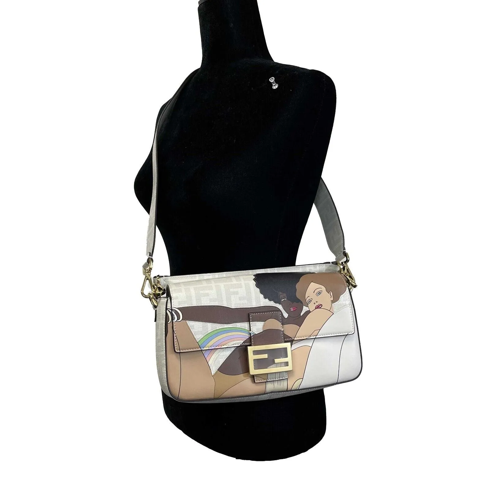 New Fendi White FF Glazed Baguette Crossbody in Bianco Perla with Bikini Girls Pattern - Without Tags