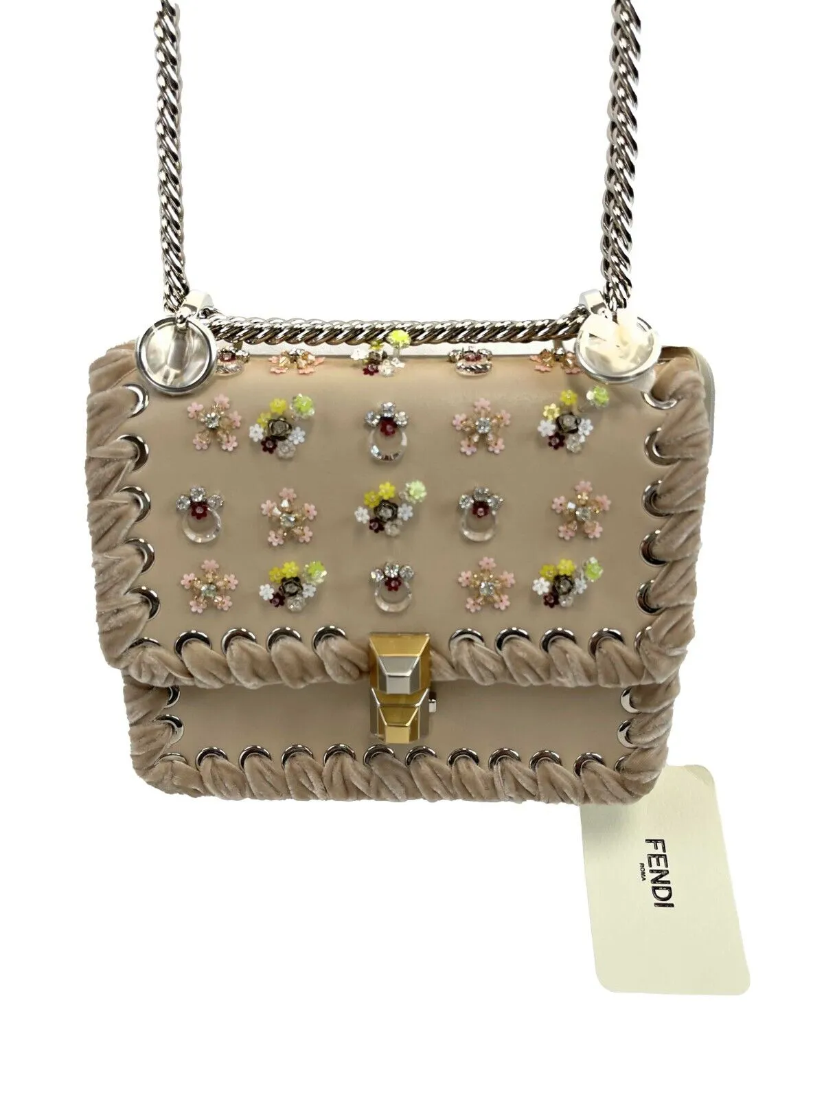 New Fendi Kan I Crossbody Bag - Embellished Whipstitch Leather in Nude Beige