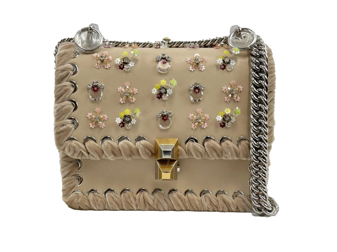 New Fendi Kan I Crossbody Bag - Embellished Whipstitch Leather in Nude Beige