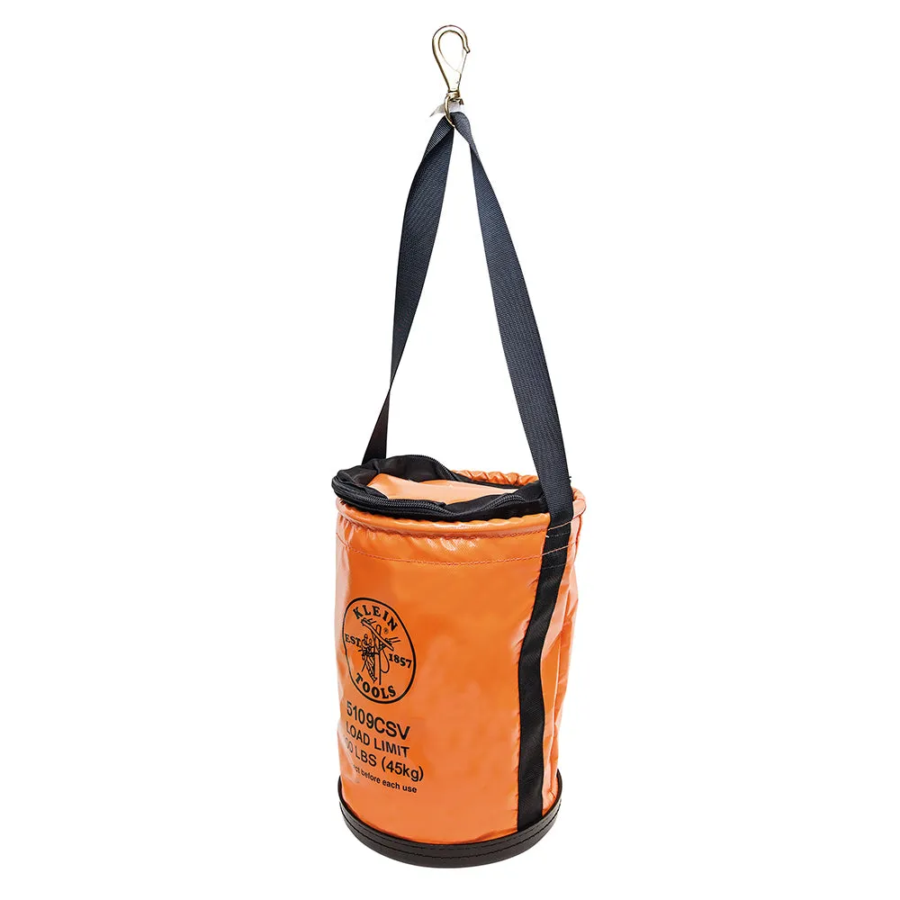 Klein Tools 5109CSV Tool Bucket, Top Closing Vinyl Lineman Bucket with Swivel Snap and Web Handle, 12-Inch, 100-Pound Load Rated Tool Holder
