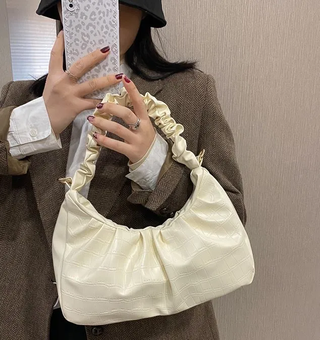 PB141 Ivory Crocodile Scrunched Handle Purse